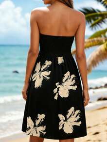 Women's Floral Patchwork Strapless Tube Dress, Summer Beach Cover-Up - Black - View 2