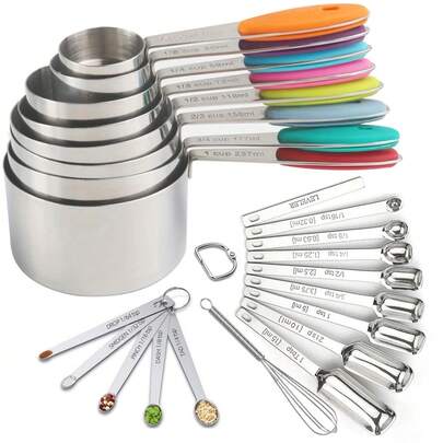 Stainless Steel Measuring Cup And Spoon Set, With Marked Measuring Spoons, Silicone Handles, Suitable For Baking And Cooking, Dry And Liquid Ingredients - Kitchen Supplies - Baking Tools