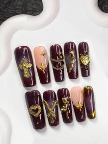 10pcs Vintage Luxury Gel Nail Art Set, Acrylic Press-On Nails, Retro Asymmetrical Rose, Hollow Heart Nail Decor, Golden Cross, Starry, Chain Design, Mini Golden Rhinestone Decoration, Golden Framed Nail Decor Nail Supplies Handmade Press On Nails - Multicolor - View 4
