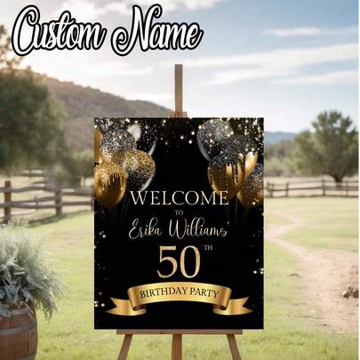 1pc Personalized Black & Gold Style Birthday Poster, Customized Birthday Welcome Sign Photo, Customized Frameless Canvas Poster - Personalized Wall Art, Wall Decor, Home Decor, Elegant Decor, Birthday Celebration Signage, Any Age, Poster Printing, Industrial, Milestone Birthday