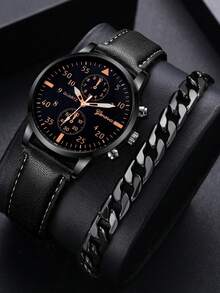 2pcs/Set Minimalist Casual Men's Quartz Watch Set, All-Black Design (Includes 1 Leather Strap Quartz Watch And 1 Black Chain Bracelet). Featuring An All-Black Design, Multi-Function Chronograph Dial, Comfortable Leather Strap, And A Simple Yet Fashionable Chain Bracelet. The Overall Style Is Steady And Capable, Showcasing The Charm Of A Gentleman. - Black - View 7