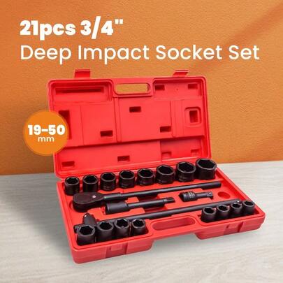 Impact Deep Socket Set 19mm-50mm 3/ 4" Ratchet Extension Sliding T Breaker Bar