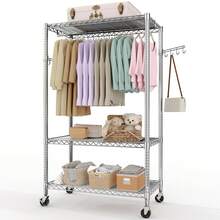 Techigher Heavy Duty Garment Rack With Wheels, Portable Rolling Closet With Hanging Rod & Side Hooks, Freestanding Metal Clothing Rack For Small Apartments/Dorms - Silver - View 2