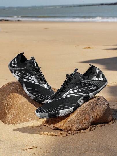 Men's Fashion Black & Silver Textured Color Block Quick-Dry Casual Hiking Shoes, Minimalist Low-Top Couples Water Shoes, Outdoor Beach Sandals