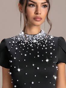 ASANDY This High-End Party Cocktail Dress For Women Features A Long Black Design, Adorned With Elegant Pearls And Rhinestones, Made Of Medium Stretch Knit Fabric. - Black - View 6