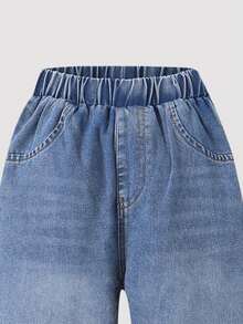 女童宽松喇叭牛仔裤，饰有樱桃刺绣，适合青少年女孩的休闲裤，春秋季款 - 淺色水洗藍 - 查看 3