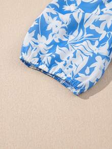 Sky Blue Floral V-Neck Puff Sleeve Flowy Dress, Summer Vacation Elegant - Blue - View 6