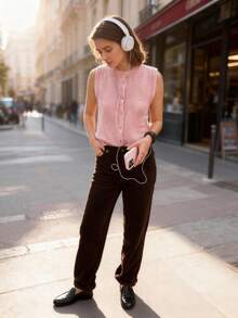 VIBEWAVE 针织无袖开衫，圆领单排扣，2025 秋季新品 - 粉色 - 查看 3