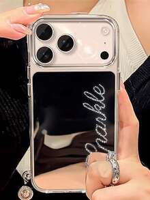 Funda de teléfono con espejo a prueba de golpes, personalizada con elemento de espejo y cristales de imitación con nombre personalizado, compatible con 17/16/15/14 Plus/13/12/11 Pro Max/17 Air, funda protectora a prueba de golpes, regalo de cumpleaños, funda con espejo compatible - Plateado - Ver 4