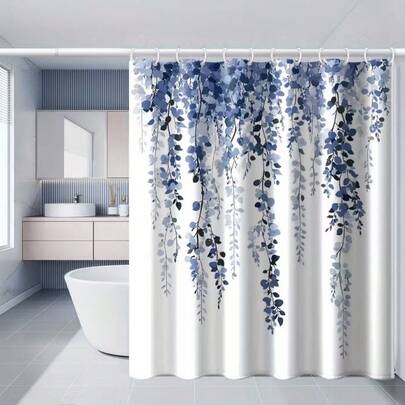 梦幻蓝色藤蔓植物印花浴帘，带挂钩，适用于家庭、酒店，可机洗，浴室装饰，浴室配件，最佳礼物