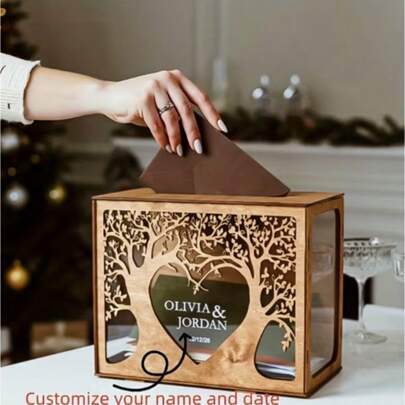 Personalized Wedding Card & Money Box - Family Tree Name/Date, Rustic Wooden Grain Memorial Box With Guest Message Slot, Bride & Groom Name Display For Wedding Decor, Wedding Gift Box (Your Name/Date)