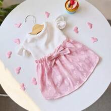 一件弹力短袖连衣裙，配有同色领结，适合宠物猫/狗穿着 - 粉色 - 查看 1