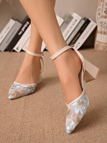 Tacones altos de punta fina con elegante bordado floral de malla, tacón grueso - Azul - Ver 3