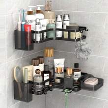 角落淋浴置物架套装，6件套浴室置物架，淋浴收纳架，免钻孔置物架，防锈壁挂式淋浴置物架，带皂盒、挂钩和牙膏架（黑色） - 黑色3角架 2件 - 查看 1