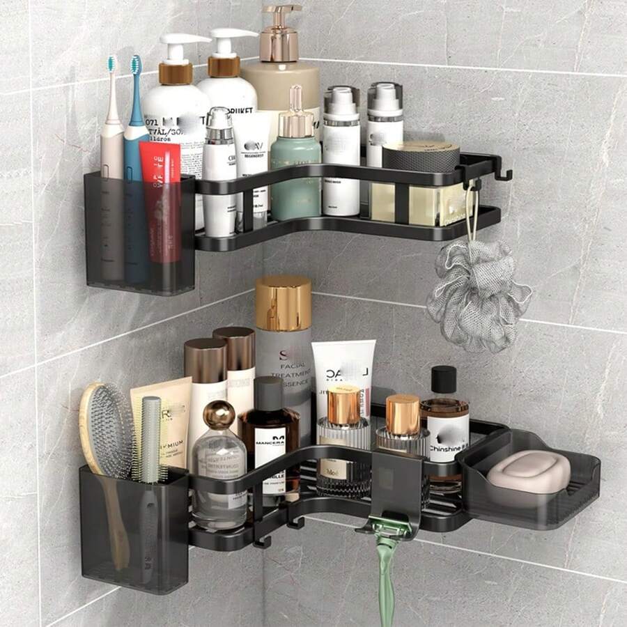 角落淋浴置物架套装，6件套浴室置物架，淋浴收纳架，免钻孔置物架，防锈壁挂式淋浴置物架，带皂盒、挂钩和牙膏架（黑色） - 黑色3角架 2件 - 查看 1