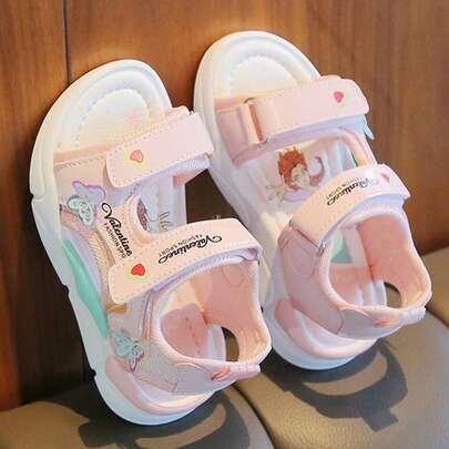 幼児女の子プリンセスサンダル - 調整可能なマジックテープ式、かわいいカートゥーンプリント、キラキラバタフライデコレーション、快適な厚底サマーシューズ