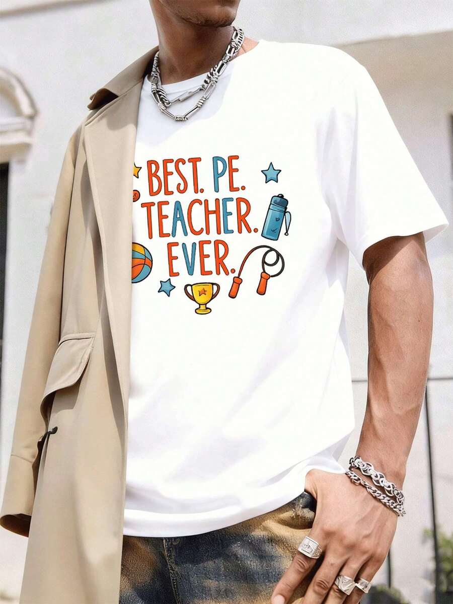 Maglietta con la scritta "Miglior insegnante di educazione fisica di tutti i tempi", realizzata in cotone di prima qualità, girocollo, vestibilità comoda, casual - Bianco - Visualizzare 1