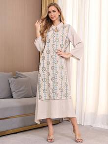 2026 New Style Ramadan Traditional Elegant V-Neck Long Sleeve Embroidered Beaded Arabic Women Dress JALABIA - Apricot - View 5