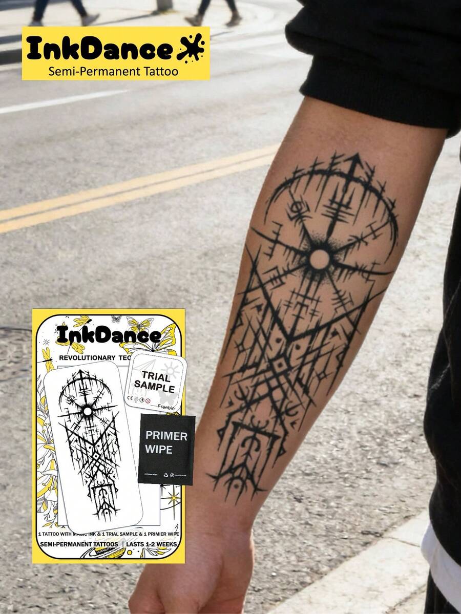 1套“符文星辰”科技纹身贴纸，半永久纹身，临时纹身，持久耐用，防水，逼真纹身效果，植物基配方，D250 - 黑色 - 查看 1