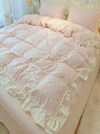 Överkastset till queen size-säng, vitt/rosa prickigt, 3 delar sött rosa sängkläder, 1 mjukt överkast med volanger och 2 örngott