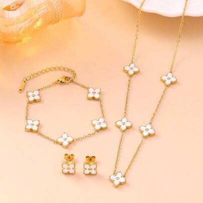 18K Gold Stainless Steel Mother Of Pearl Four-Leaf Clover Bracelet, Necklace And Earrings 3 PiecesJewelry Set, Fashionable And Versatile
