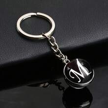 1pc 26 English Alphabet Time Gem Double-Sided Glass Ball Keychain Metal Key Chain Accessory Small Gift - Silver - View 14