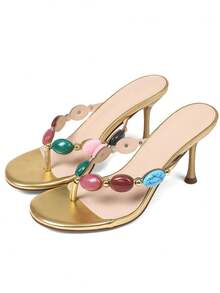 Women Jeweled Flip Flop Heels Sandals Summer Thong Strappy Mules Round Open Toe Fashion Wedding Party Beach Casual Shoes - 金色 - 查看 2