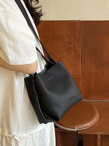Fashionable Women's Handbag, Minimalist Black Litchi Grain Tote Mini Bucket Bag, PU Material Vintage Commuter Versatile Shoulder Bag Suitable For Ladies Shopping And Daily Use - Black - View 3