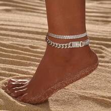 14K Gold Anklets For Women Waterproof Rhinestone Ankle Bracelet Layered Cuban Link Chain Diamond Anklet Beach Jewelry For Women - 銀腳鍊 A 款 - 查看 2