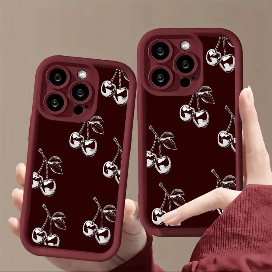 Fondo Marrón Patrón de Textura de Cereza Plateada para Funda de Teléfono iPhone16PROMAX 16/16PLUS/15PROMAX/15PRO/15PLUS/15/14PROMAX/14PRO/14PLUS/14/13PROMAX/13PRO/13/12PROMAX/12PRO/12/11PROMAX/11PRO/11/X/XR/XSMAX Borde Recto, Lente Antigolpes, Cobertura Completa, Rojo, TPU - Colores mixtos - Ver 1