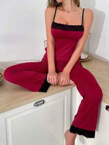 2pcs Burgundy Lace Camisole & Wide Leg Pants Sleepwear Set, Slim Fit & Comfortable - Burgundy - View 1