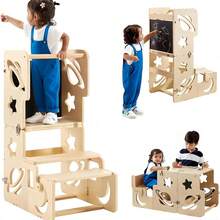 Habitdesign Torre De Aprendizaje con Pizarra y Respaldo para Niños Nivel 3 Banco Escalera 3 En 1 Mesas y Sillas para Niños Taburete De Cocina/Baño,Regalos para niñas De 1 a 3 Años (Blanco) - Color natural - Ver 2