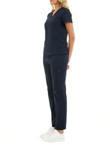 cimmuovere Uniform Set: V-Neck Short Sleeve Fitted Shirt And Drawstring Straight Leg Casual Pants, Workwear Set - Navy Blue - View 5