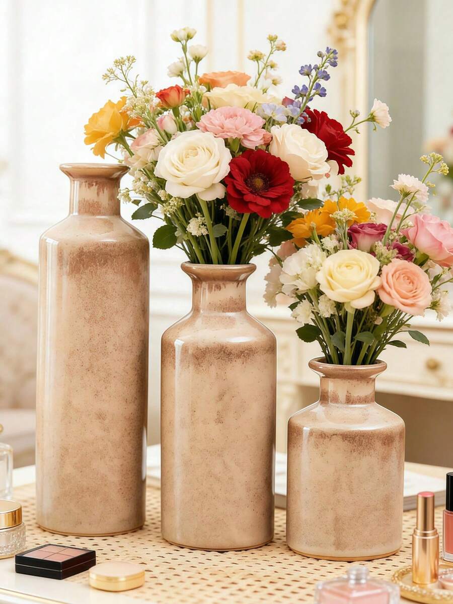 1pc Terracotta Texture Resin Vase, Neutral Boho Entryway Cabinet Decor Resin Vase, Farmhouse Style Dining Table Centerpiece Rustic Flower Vase Decor, Suitable For Room Decoration, Home Decor - Multicolor - View 1