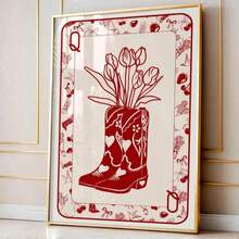 1pc Vintage Queen Of Hearts Playing Card Canvas Wall Art, Cowgirl Floral Boots Poster, Red Retro Decor, Suitable For Bedroom, Living Room Or Bar Cart, Dorm, Wall Decor Gift, Frameless Or Framed Option