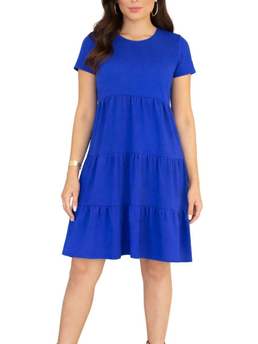 Three-Tiered Dress With Short Sleeves In Knit Fabric, Modest Fashion. - Royal Blue - View 1