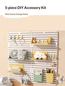 DIY洞洞板收纳架套装，包含4个配件、5个挂钩、2个粘性贴纸、洞洞板、壁挂式置物架、家居装饰收纳盒、厨房收纳架，3种颜色可选，坚固耐用，多功能，现代家居装饰，易于安装。 - 彩色 - 查看 6