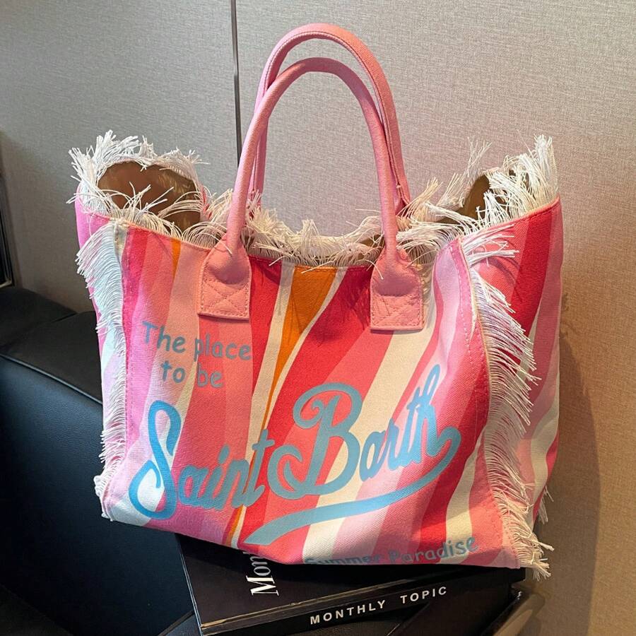Large Capacity Tote Bag Simple Canvas Bag With Tassel Beach Bag - Hồng - Xem 1