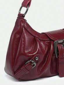 Y2K Vintage Soft Distressed Leather Motorcycle Bag With Rivet, Buckle, Pleated Cloud Decor, Shoulder/Underarm Bag, Suitable For Work, Commute, Date, Party - 酒紅色 - 查看 8