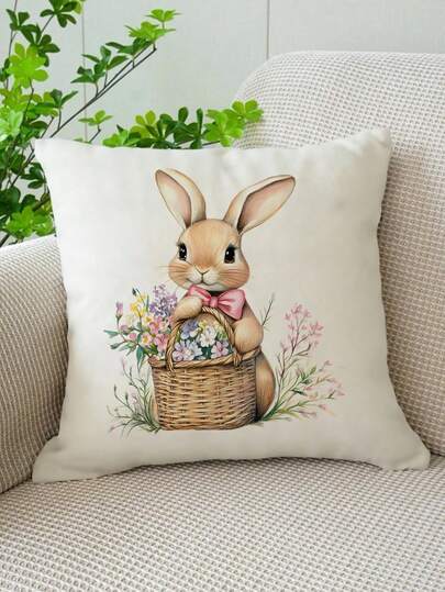 1pc Easter Bunny Element Soft Comfortable Single-Sided Printed Decorative Pillow Cover (Pillow Insert Not Included), Suitable For Bedroom, Living Room, Sofa, Party Decoration
