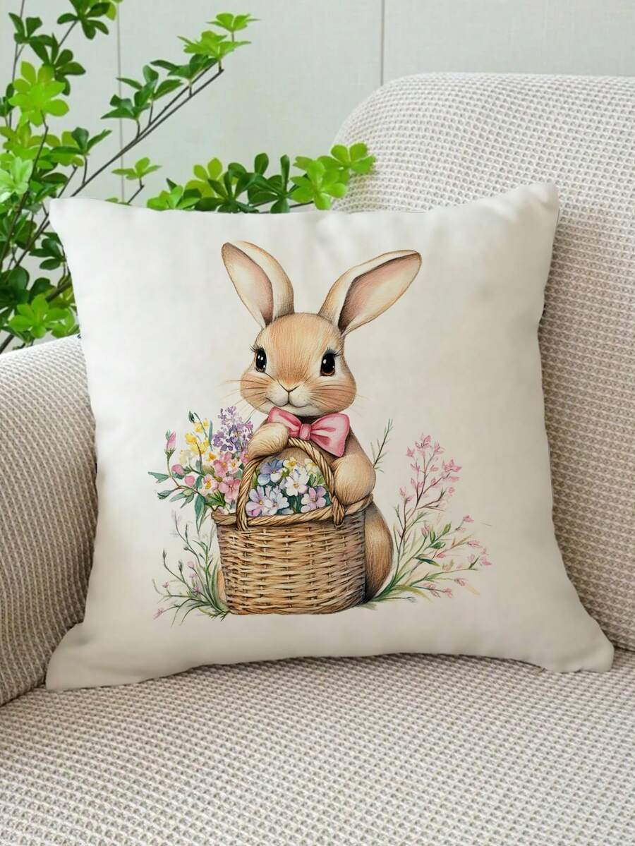 1 pieza Funda de almohada decorativa impresa por un solo lado, suave y cómoda, con elemento de conejo de Pascua, adecuada para dormitorio, sala de estar, sofá, decoración de fiesta (no incluye relleno de almohada) - Multicolor - Ver 1