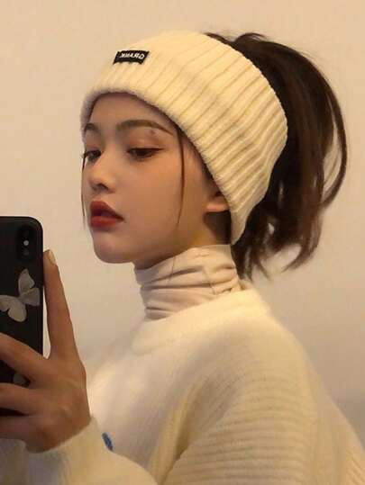 1. Women's Black Wool Knit Hat With Wide Headband, Korean Style Warm Ear Muffs Hat, And Forehead Protection Cap