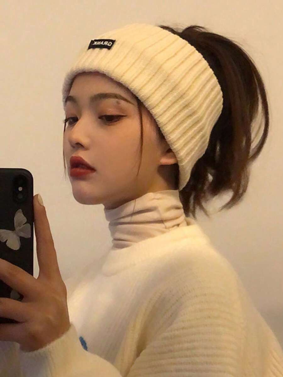 1. Women's Black Wool Knit Hat With Wide Headband, Korean Style Warm Ear Muffs Hat, And Forehead Protection Cap