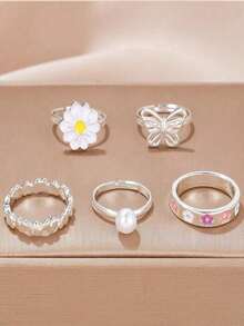 5pcs Adjustable Pearl Rings Set - Includes Butterfly, Daisy And Heart Rings, Perfect Gift Choice
