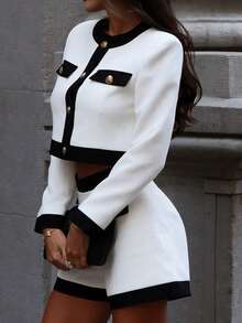 Women's Elegant Romantic Urban Chic Commuting Fitted Top And Shorts 2 Pieces Set White Spring - White - View 3