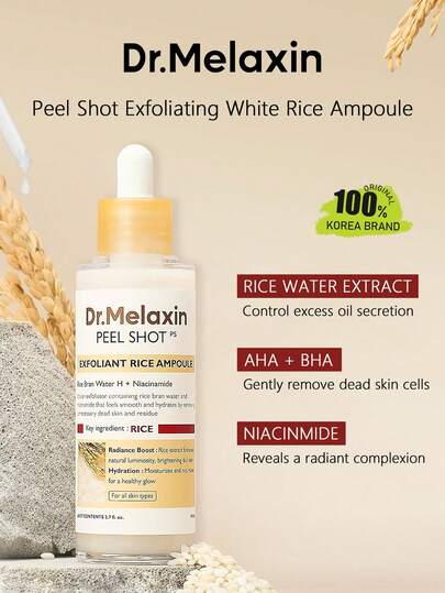 Dr.Melaxin PEEL SHOT 80ml risexfolierande ampull, mild exfolierande ampull, återfuktande essenstextur, lätt och lättabsorberad, exfolierar skonsamt, ljusar upp hyn, förbättrar grov hudstruktur, koreansk kosmetika