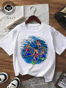 Tricou de vară pentru femei, casual, cu mânecă scurtă, cu imprimeu grafic, pentru surfing, guler rotund, croială lejeră, streetwear, pentru purtare zilnică, vacanță