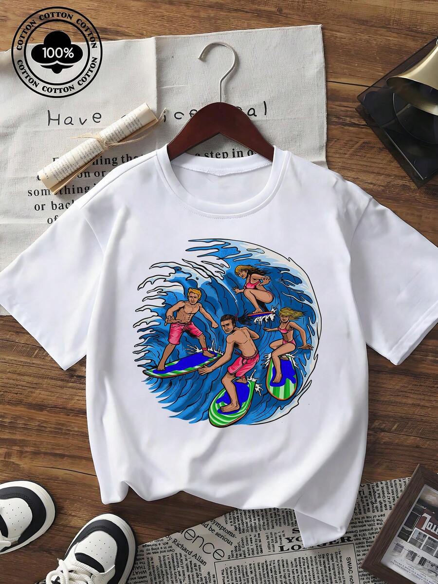 Tricou de vară pentru femei, casual, cu mânecă scurtă, cu imprimeu grafic, pentru surfing, guler rotund, croială lejeră, streetwear, pentru purtare zilnică, vacanță