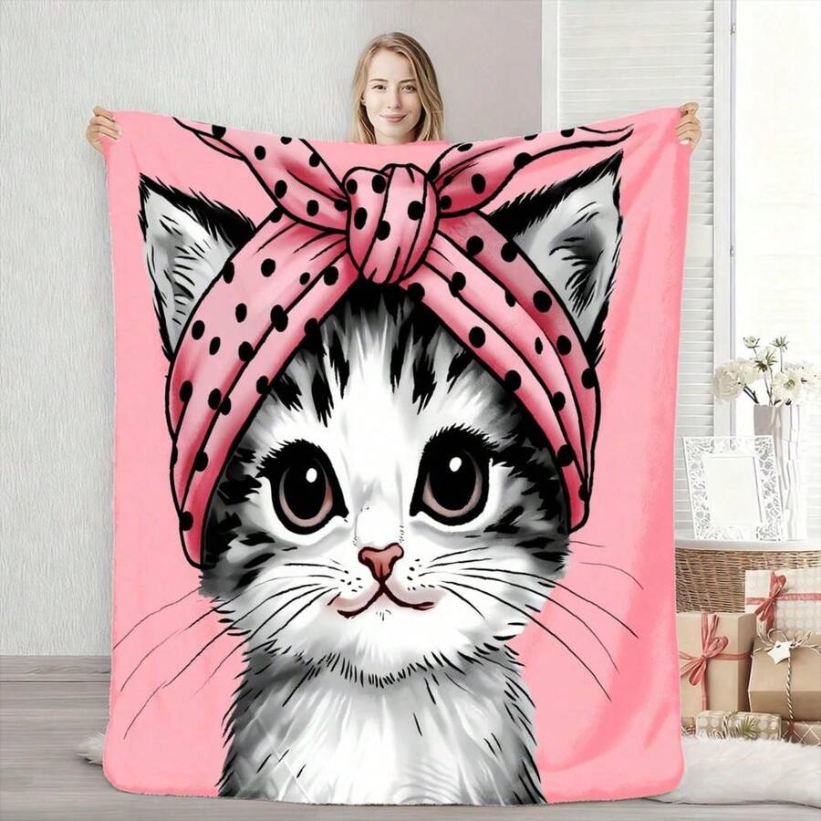 Cute Pink Polka Dot Cat Headband With Bow, Soft Flannel Pillowcase, Home Decor, Bedroom, Living Room Gift. - White - View 1