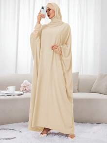 1件套头巾围巾及连帽长袍套装，穆斯林针织长袍，带头巾，女士祈祷吉尔巴布长袍，迪拜沙特阿拉伯土耳其伊斯兰风格端庄头巾